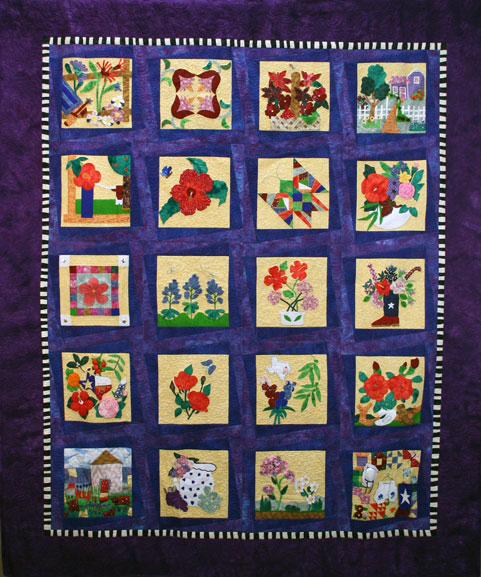 The Texas Blooming Floral quilt celebrates the natural beauty and color Texas plants have to offer. Unveiled at the 2002 State Fair of Texas, the Texas Blooming Floral quilt uses Texas natural fibers to showcase Texas Superstars – floral plants identified by Texas A&M University Agricultural Program as specifically suited to the Texas environment.